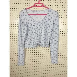 Hollister Light Blue Floral Ruched Long Sleeve Top Size L